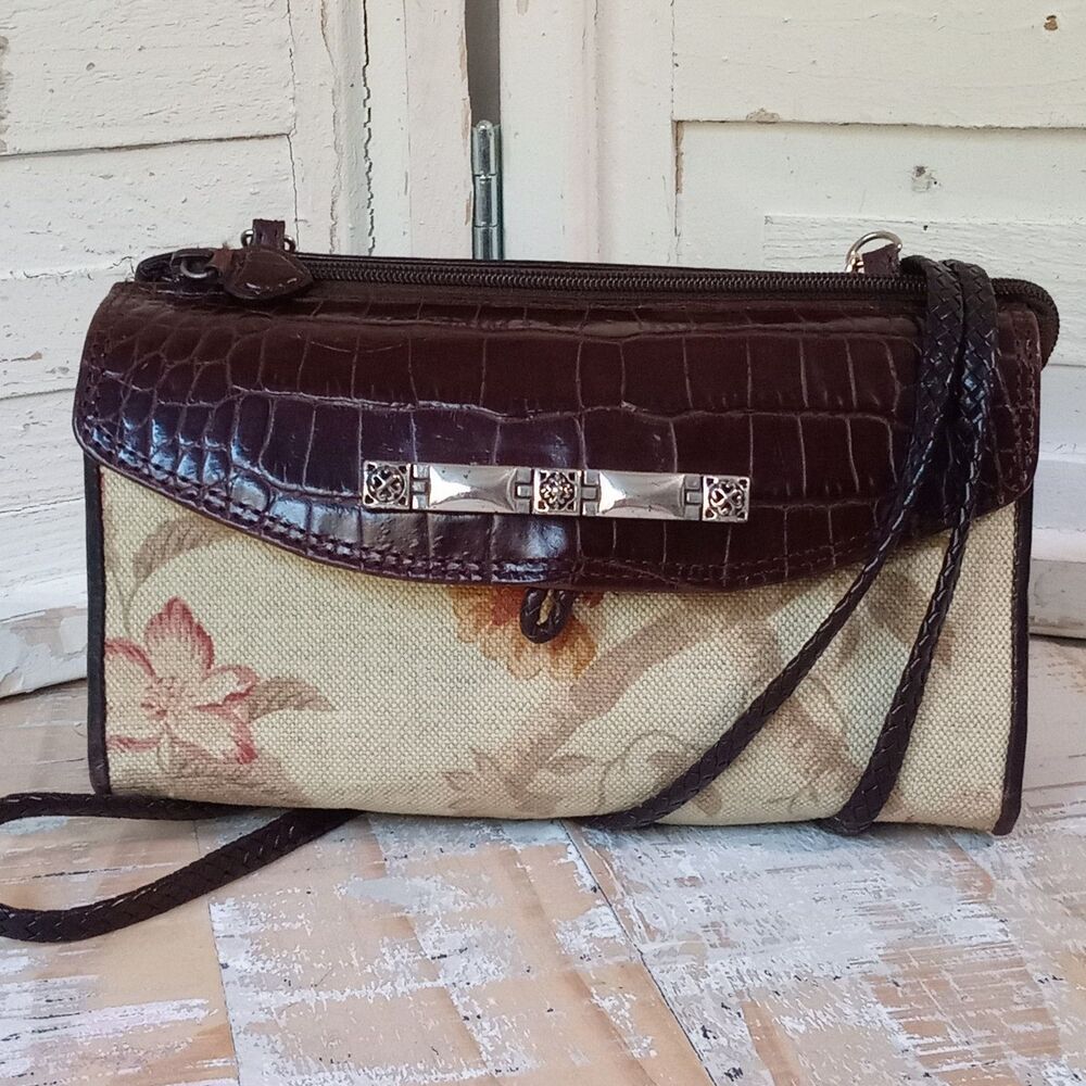 Y2K Vintage Brighton Croc Leather Floral Tapestry Crossbody Wallet Bag Purse